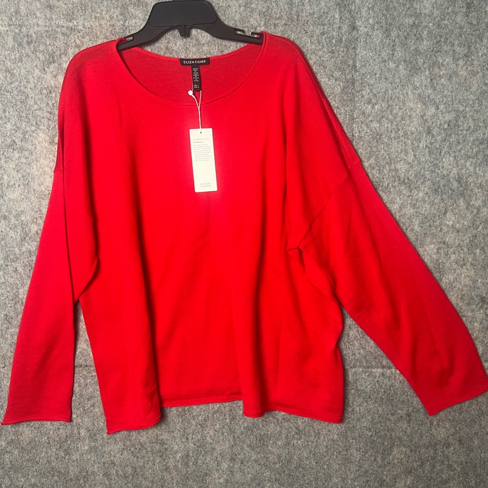 Eileen Fisher Woman‎ Size Large Red NWT Extra Fine Marino Wool Crew neck sweater
